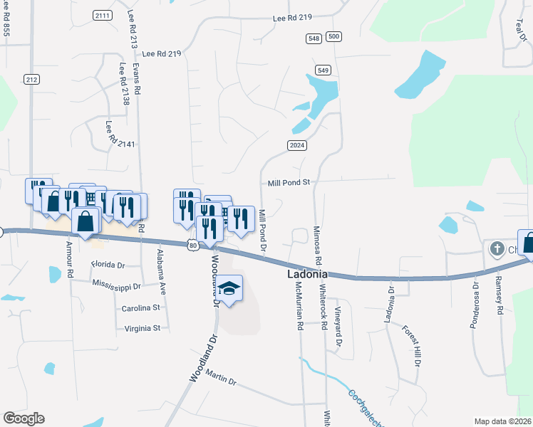 map of restaurants, bars, coffee shops, grocery stores, and more near 665 Mill Pond Drive in Phenix City