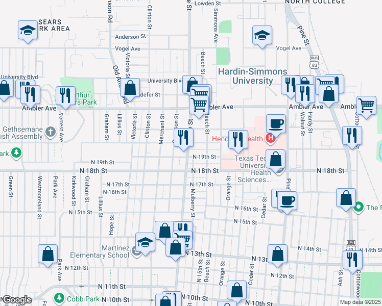 map of restaurants, bars, coffee shops, grocery stores, and more near 1942 Grape Street in Abilene