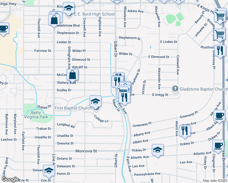 map of restaurants, bars, coffee shops, grocery stores, and more near 425 Slattery Boulevard in Shreveport