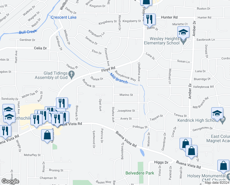 map of restaurants, bars, coffee shops, grocery stores, and more near 4707 Marino Street in Columbus