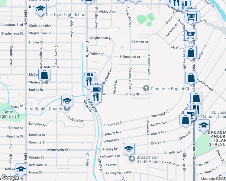 map of restaurants, bars, coffee shops, grocery stores, and more near 3850 Victory Drive in Shreveport