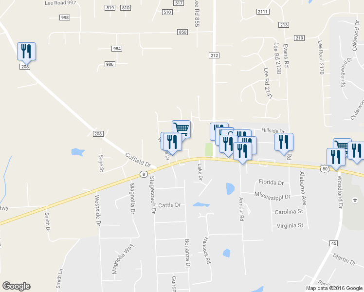 map of restaurants, bars, coffee shops, grocery stores, and more near 3952 U.S. 80 in Phenix City