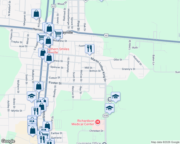 map of restaurants, bars, coffee shops, grocery stores, and more near 601-617 Mill Street in Rayville