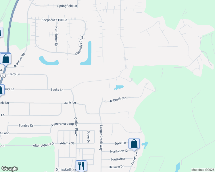 map of restaurants, bars, coffee shops, grocery stores, and more near 321 Becky Lane in Waxahachie