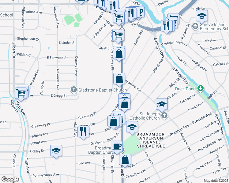 map of restaurants, bars, coffee shops, grocery stores, and more near 3702 Youree Drive in Shreveport