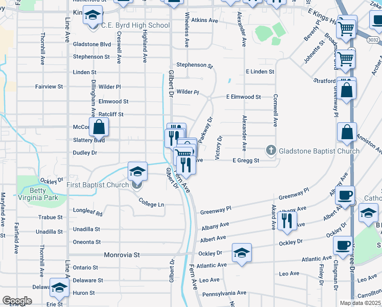 map of restaurants, bars, coffee shops, grocery stores, and more near 3743 Parkway Drive in Shreveport