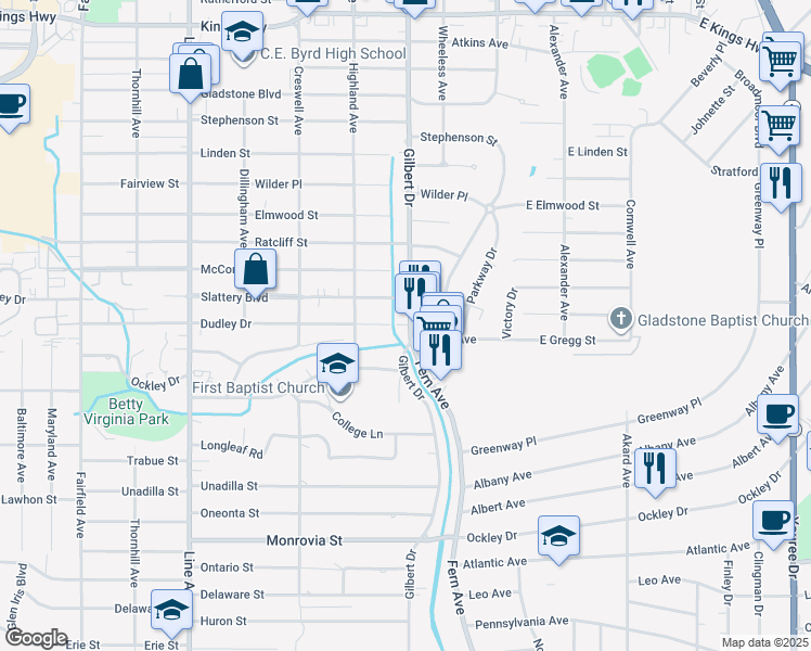 map of restaurants, bars, coffee shops, grocery stores, and more near 425 Slattery Boulevard in Shreveport