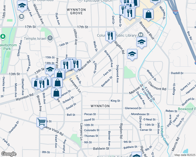 map of restaurants, bars, coffee shops, grocery stores, and more near 2728 Mimosa Street in Columbus