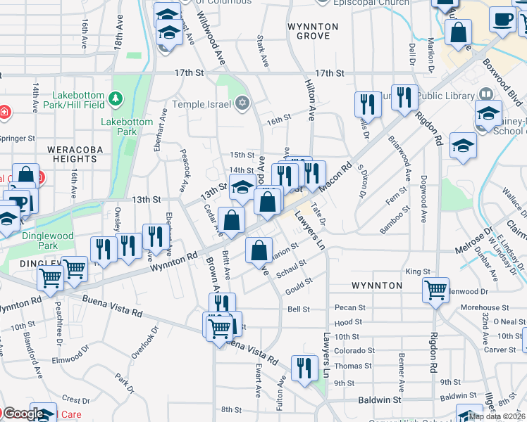 map of restaurants, bars, coffee shops, grocery stores, and more near 1212 Wildwood Avenue in Columbus