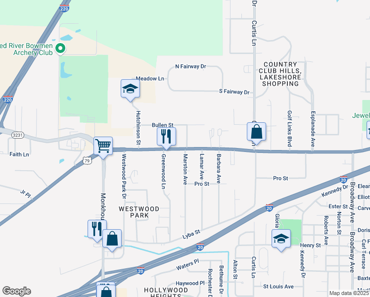 map of restaurants, bars, coffee shops, grocery stores, and more near 4600 Greenwood Road in Shreveport