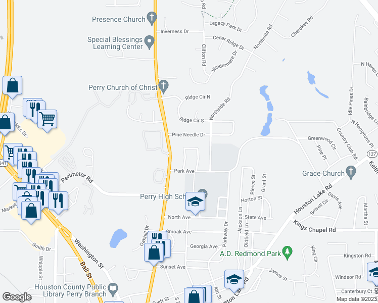 map of restaurants, bars, coffee shops, grocery stores, and more near 1615 Marshall Circle in Perry