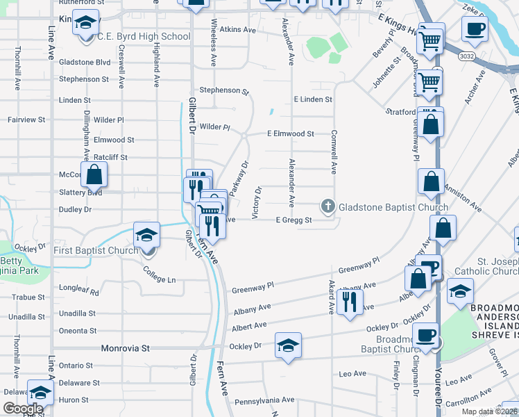 map of restaurants, bars, coffee shops, grocery stores, and more near 3845 Victory Drive in Shreveport