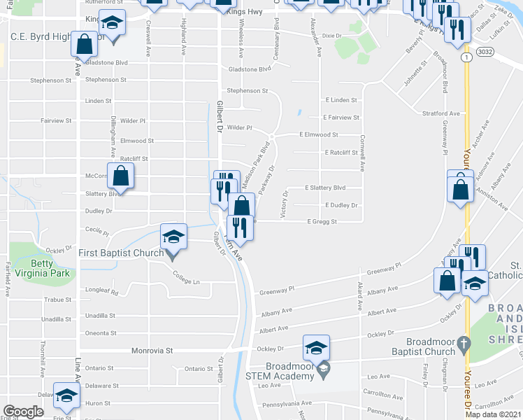map of restaurants, bars, coffee shops, grocery stores, and more near 3743 Parkway Drive in Shreveport