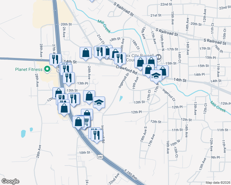 map of restaurants, bars, coffee shops, grocery stores, and more near 1329 Ingersoll Drive in Phenix City