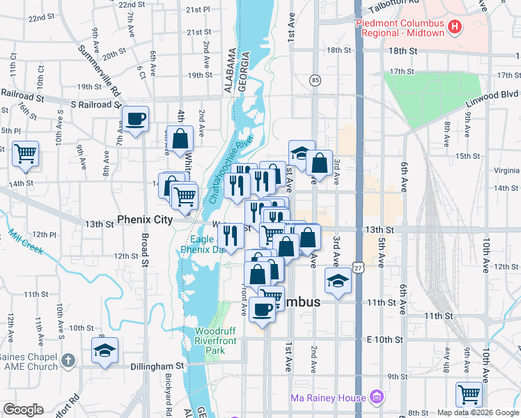 map of restaurants, bars, coffee shops, grocery stores, and more near 1323 Broadway in Columbus