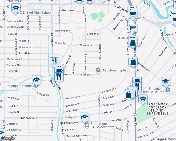 map of restaurants, bars, coffee shops, grocery stores, and more near 218 East Dudley Drive in Shreveport