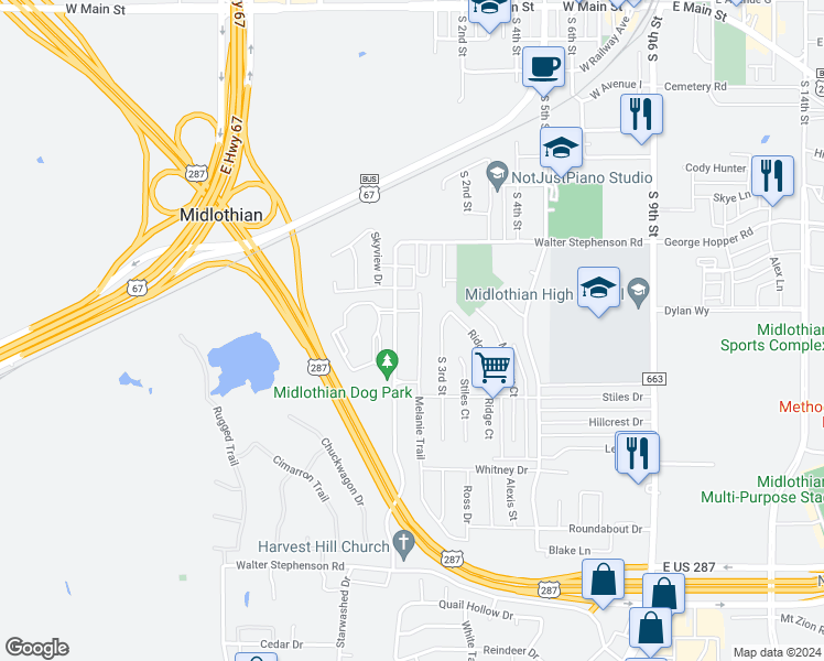 map of restaurants, bars, coffee shops, grocery stores, and more near 1413 Melanie Trail in Midlothian