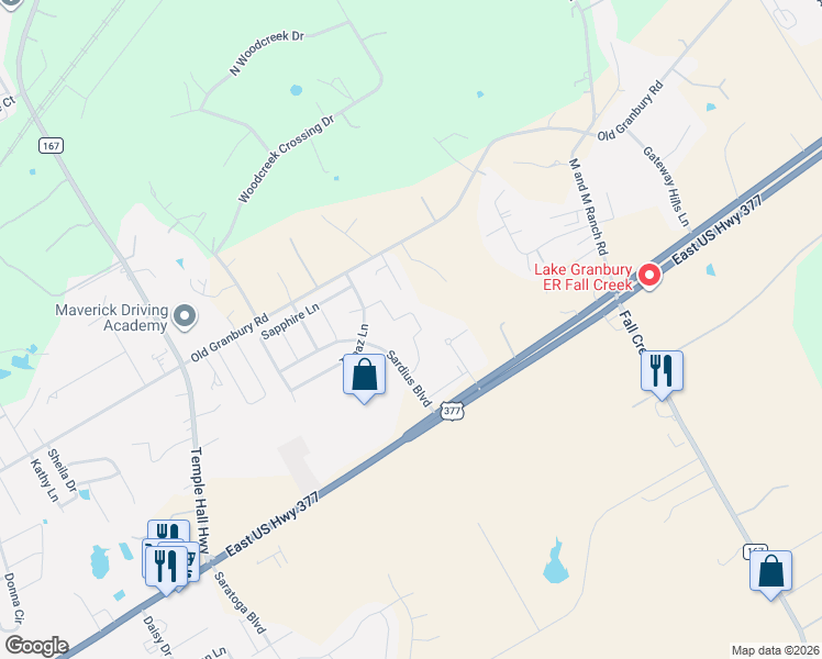 map of restaurants, bars, coffee shops, grocery stores, and more near 249 Jacinth Lane in Granbury