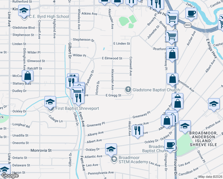 map of restaurants, bars, coffee shops, grocery stores, and more near 145 East Dudley Drive in Shreveport