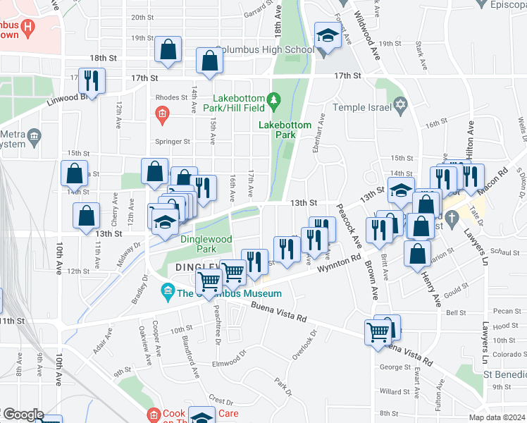 map of restaurants, bars, coffee shops, grocery stores, and more near 1308 13th Street in Columbus