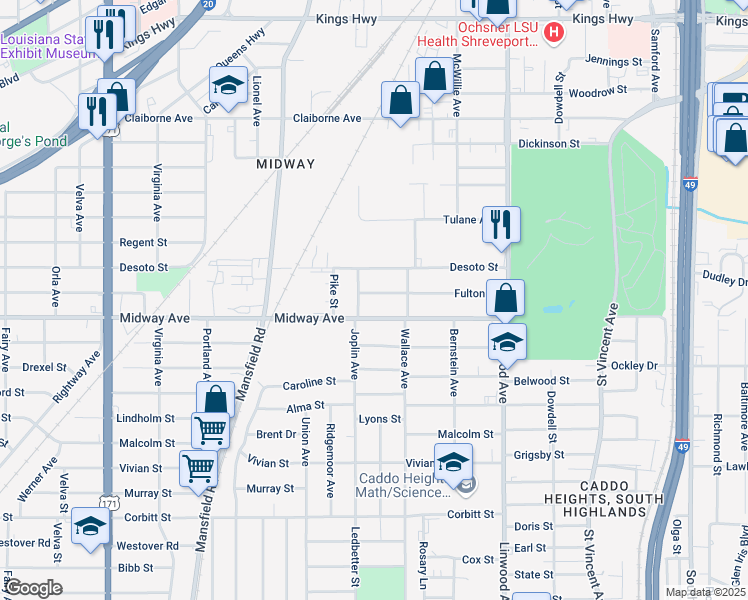 map of restaurants, bars, coffee shops, grocery stores, and more near 1822 Fulton Street in Shreveport