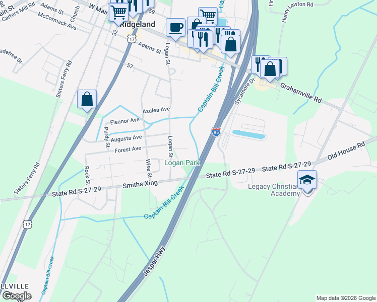 map of restaurants, bars, coffee shops, grocery stores, and more near 149 Lydia's Lane in Ridgeland