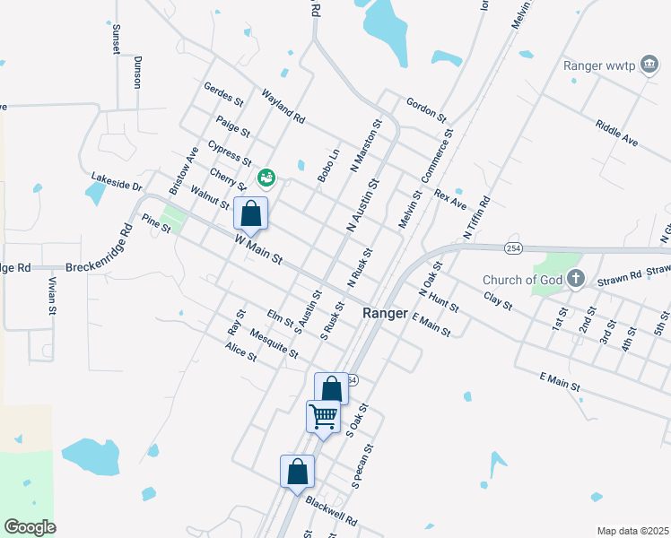 map of restaurants, bars, coffee shops, grocery stores, and more near 122 Ranch Road 717 in Ranger