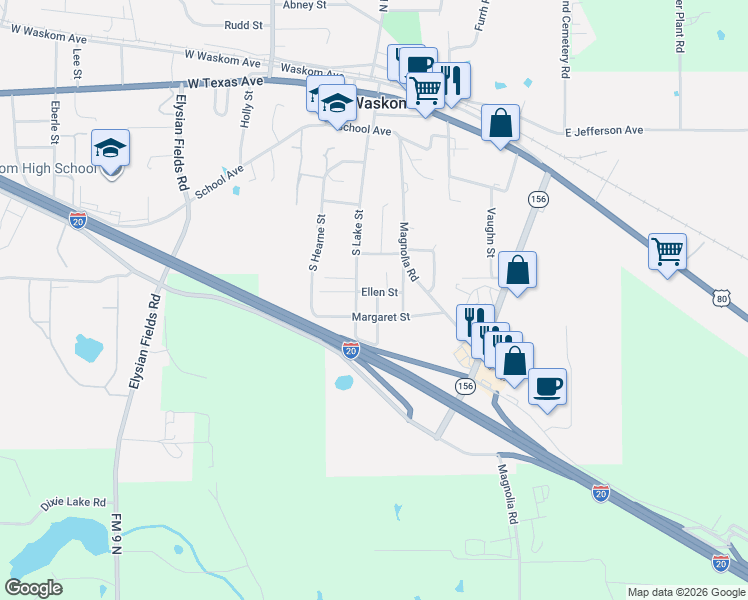 map of restaurants, bars, coffee shops, grocery stores, and more near 590 South Lake Street in Waskom