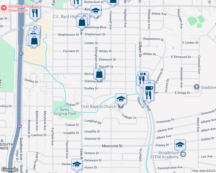 map of restaurants, bars, coffee shops, grocery stores, and more near 612 Dudley Drive in Shreveport