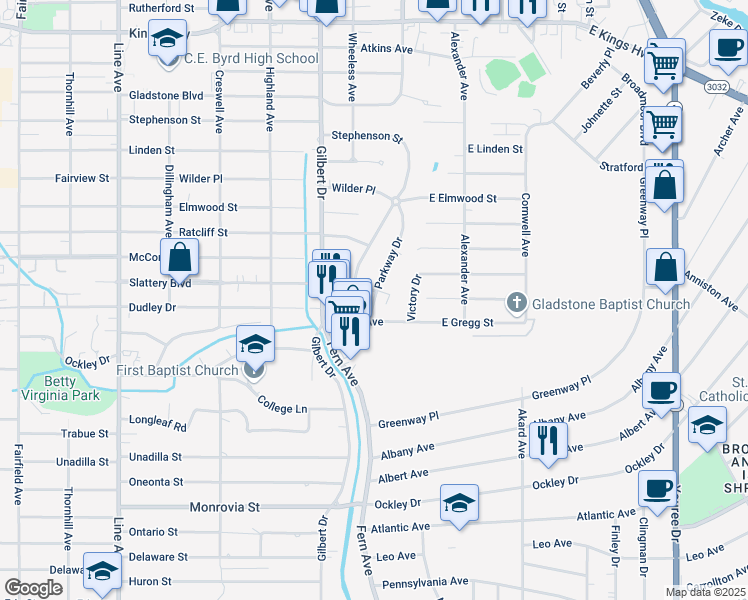 map of restaurants, bars, coffee shops, grocery stores, and more near 3743 Parkway Drive in Shreveport