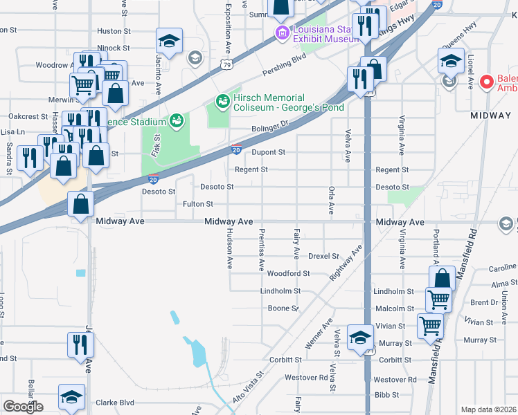 map of restaurants, bars, coffee shops, grocery stores, and more near 3101 Fulton Street in Shreveport