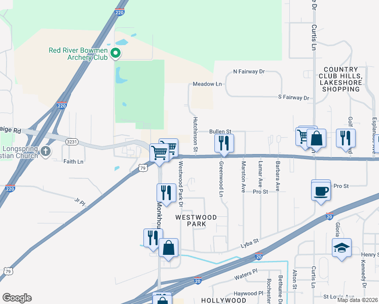 map of restaurants, bars, coffee shops, grocery stores, and more near 4814 Greenwood Road in Shreveport