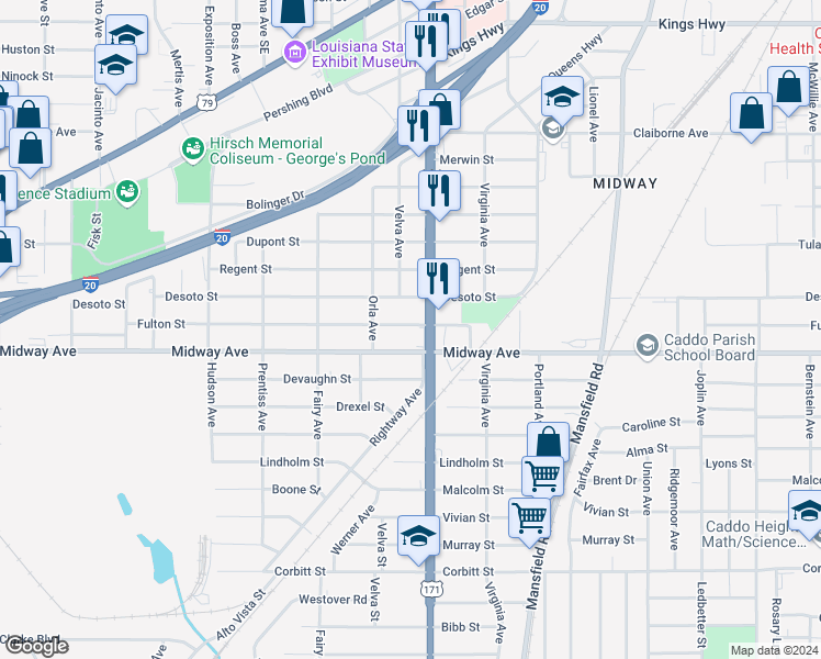 map of restaurants, bars, coffee shops, grocery stores, and more near 2723 Fulton Street in Shreveport