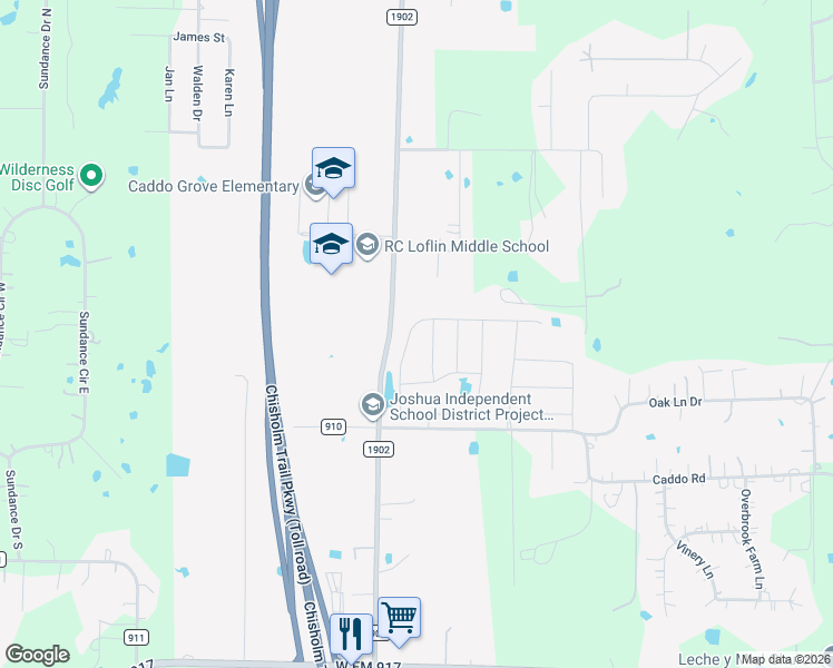 map of restaurants, bars, coffee shops, grocery stores, and more near 1627 Glade Meadows Drive in Joshua