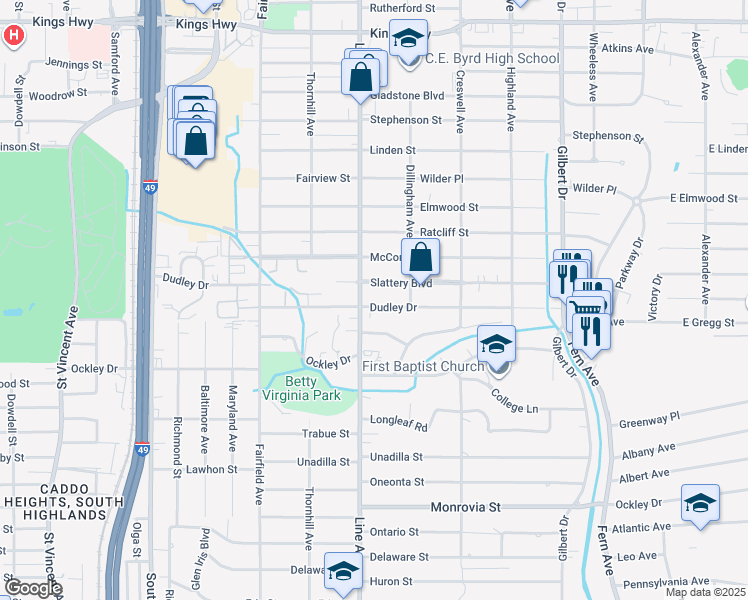 map of restaurants, bars, coffee shops, grocery stores, and more near 742 Dudley Drive in Shreveport