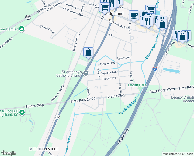 map of restaurants, bars, coffee shops, grocery stores, and more near 91 Forest Avenue in Ridgeland