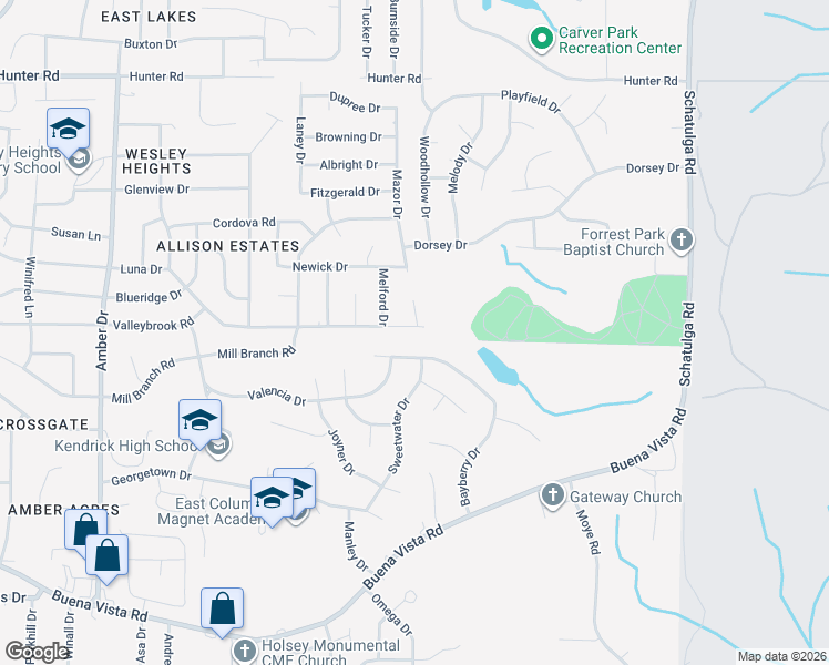 map of restaurants, bars, coffee shops, grocery stores, and more near 1301 Penrod Drive in Columbus