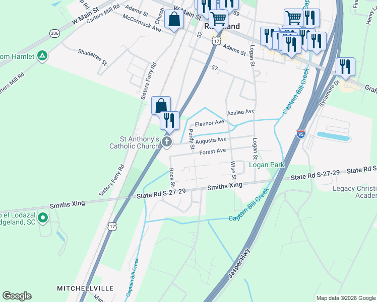 map of restaurants, bars, coffee shops, grocery stores, and more near 91 Forest Avenue in Ridgeland