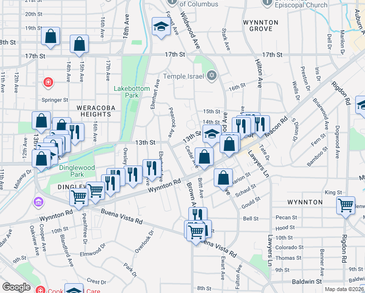 map of restaurants, bars, coffee shops, grocery stores, and more near 1263 Cedar Avenue in Columbus
