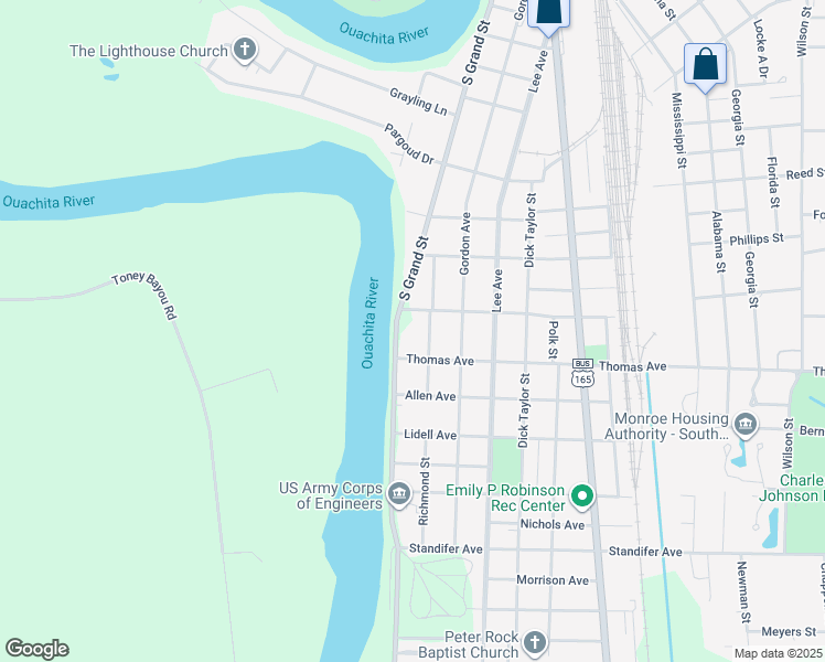 map of restaurants, bars, coffee shops, grocery stores, and more near 3001 South Grand Street in Monroe