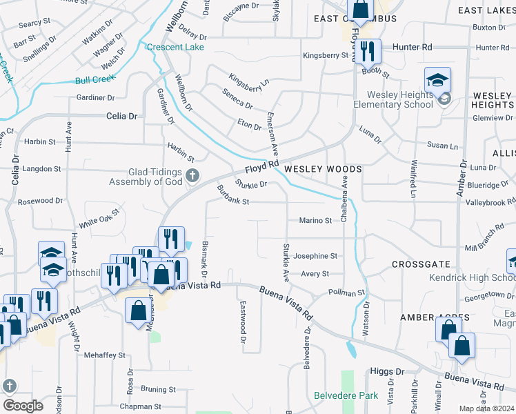 map of restaurants, bars, coffee shops, grocery stores, and more near 5207 Burbank Street in Columbus