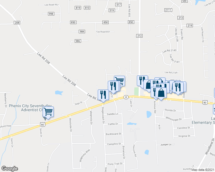 map of restaurants, bars, coffee shops, grocery stores, and more near West Ridge Drive in Phenix City