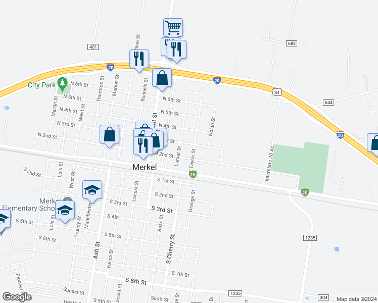 map of restaurants, bars, coffee shops, grocery stores, and more near 208 Lamar Street in Merkel