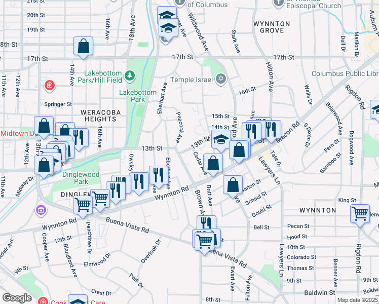 map of restaurants, bars, coffee shops, grocery stores, and more near 1261 Cedar Avenue in Columbus