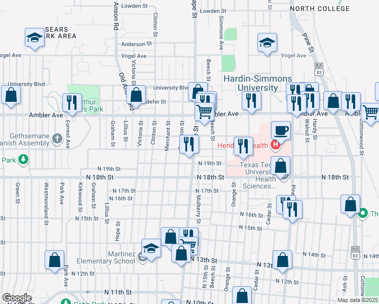 map of restaurants, bars, coffee shops, grocery stores, and more near 1942 Grape Street in Abilene