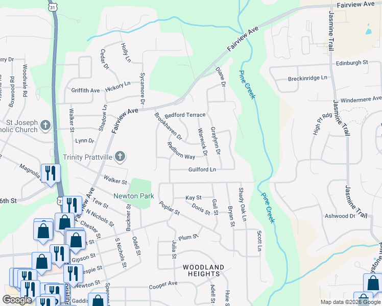 map of restaurants, bars, coffee shops, grocery stores, and more near 221 Radburn Way in Prattville