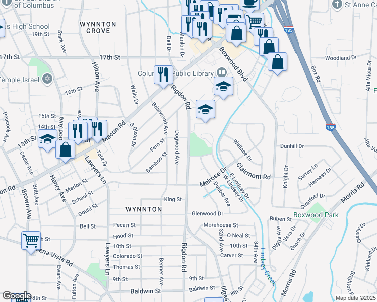 map of restaurants, bars, coffee shops, grocery stores, and more near 1320 Rigdon Road in Columbus