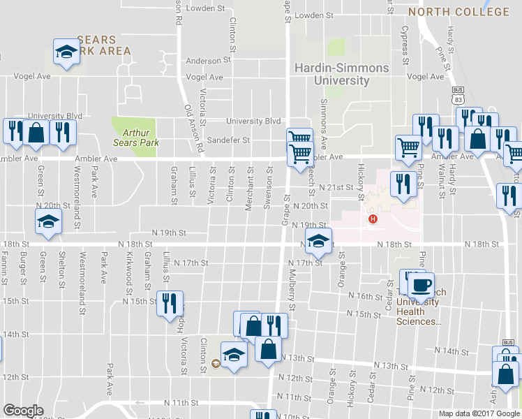 map of restaurants, bars, coffee shops, grocery stores, and more near 1942 Swenson Street in Abilene
