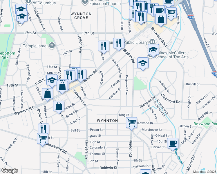 map of restaurants, bars, coffee shops, grocery stores, and more near 2728 Mimosa Street in Columbus