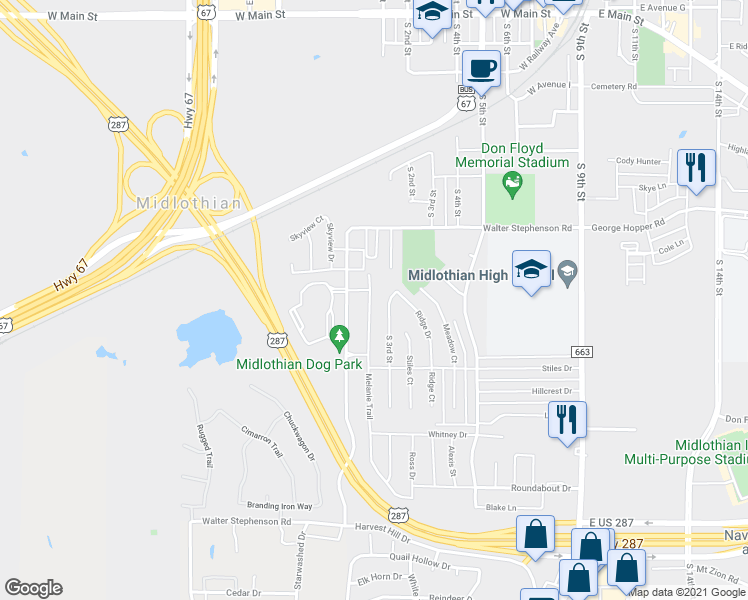map of restaurants, bars, coffee shops, grocery stores, and more near 1408 Melanie Trail in Midlothian